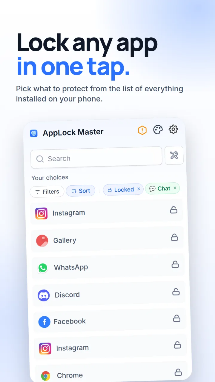 The AppLock Master list of installed apps, with a lock beside each one