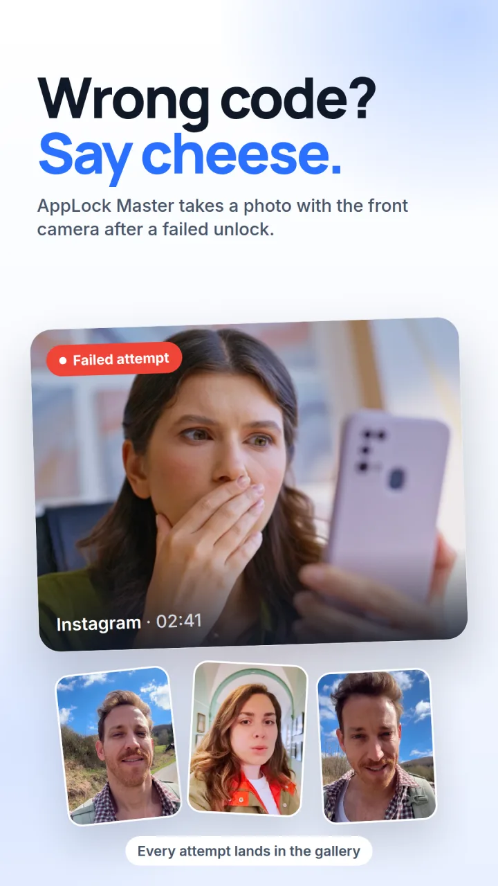 An intruder photo in AppLock Master, labelled with the app and the time of the attempt