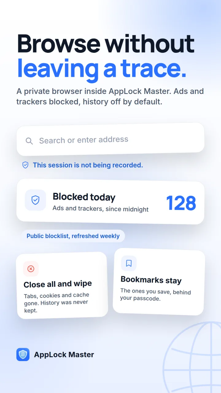 The AppLock Master private browser, showing 128 ads and trackers blocked today
