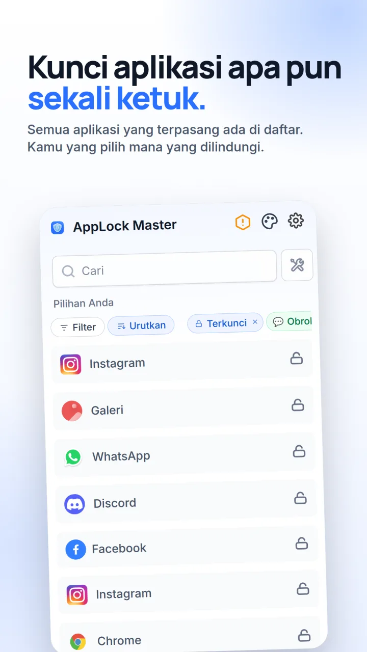 Daftar aplikasi terpasang di AppLock Master, dengan gembok di samping masing-masing