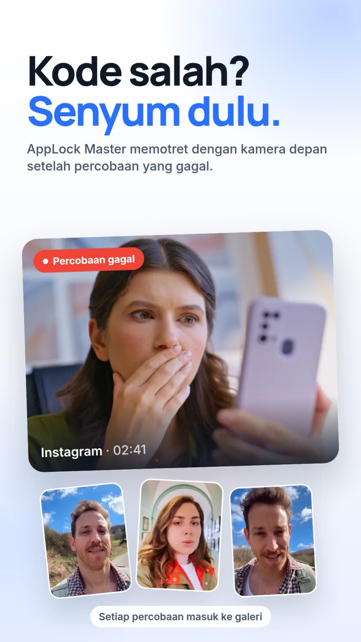 Foto penyusup di AppLock Master, dengan nama aplikasi dan waktu percobaannya