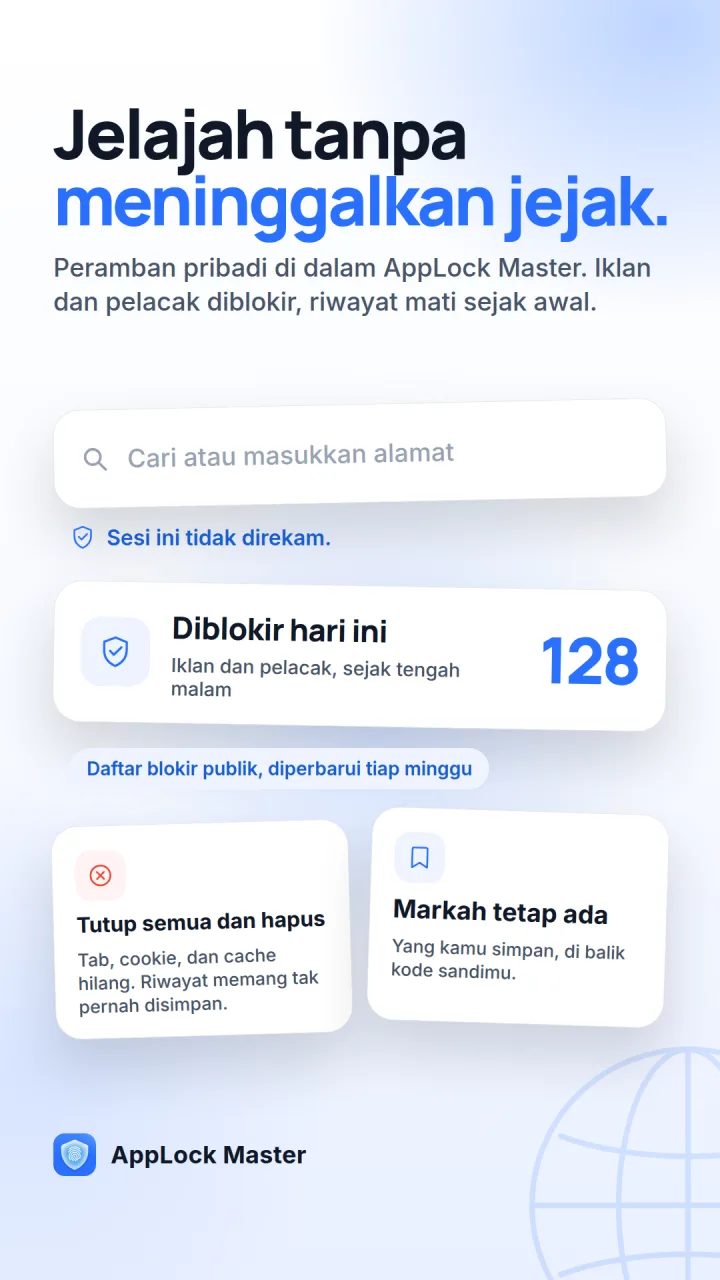 Browser pribadi AppLock Master, menampilkan 128 iklan dan pelacak yang diblokir hari ini