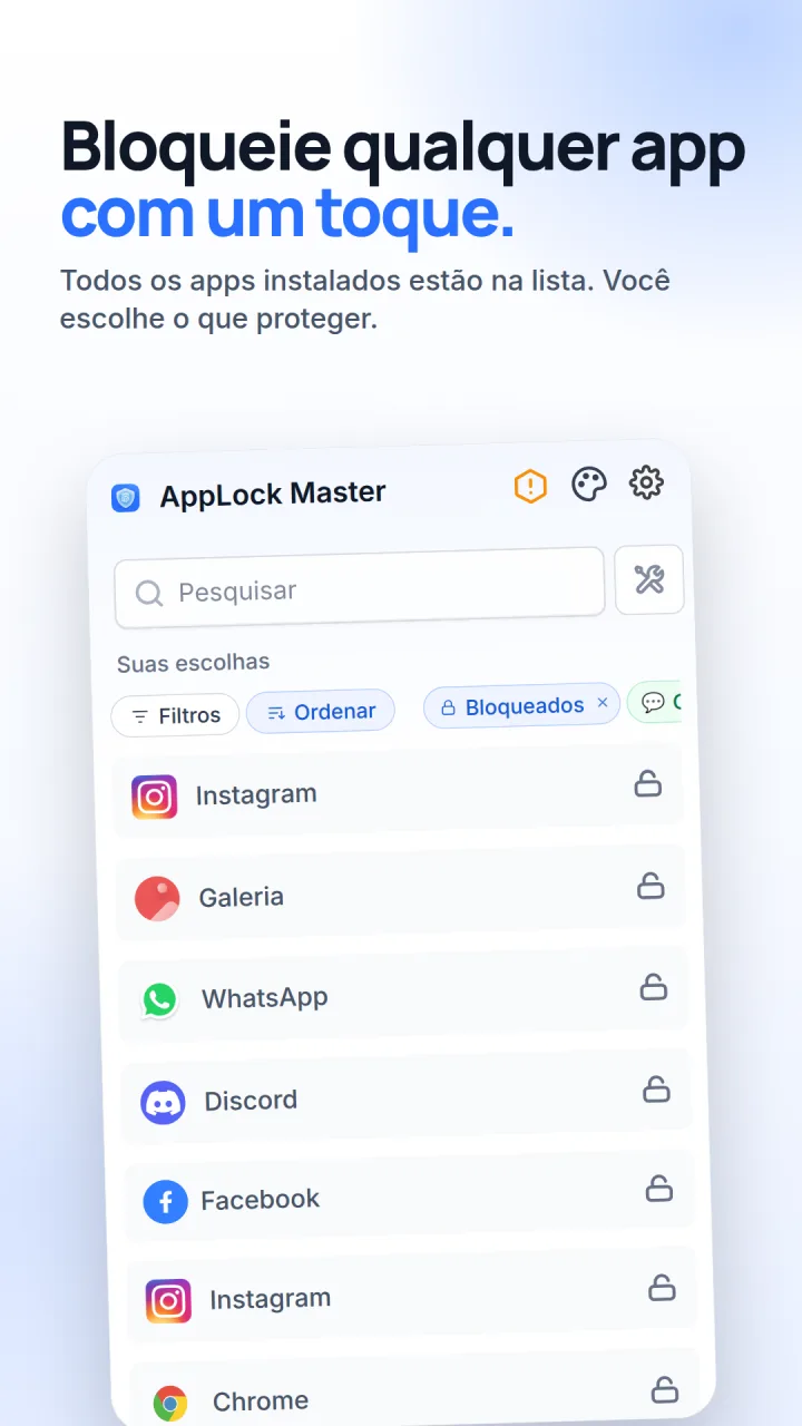 A lista de apps instalados no AppLock Master, com um cadeado ao lado de cada um