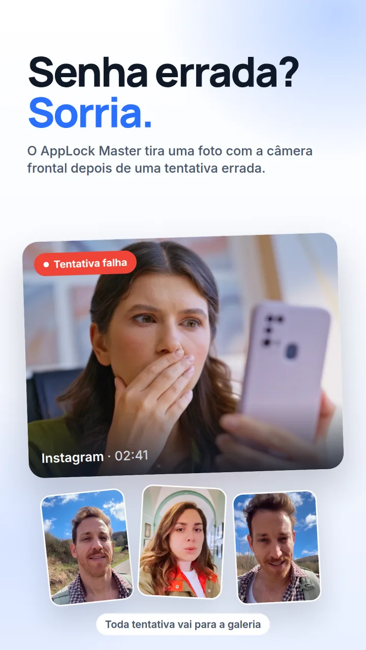 Uma foto de intruso no AppLock Master, com o nome do app e o horário da tentativa