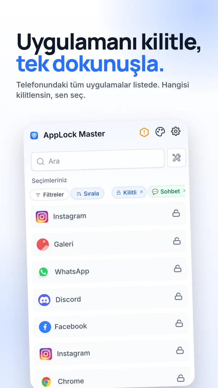 AppLock Master'da yüklü uygulamalar listesi, her birinin yanında bir kilit