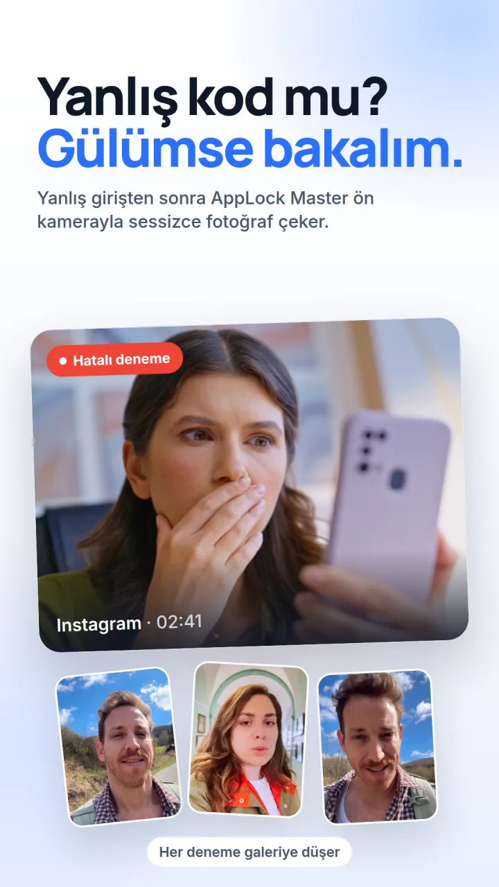 AppLock Master'da bir izinsiz giriş fotoğrafı; uygulama adı ve denemenin saatiyle