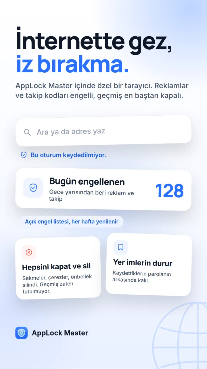 AppLock Master özel tarayıcısı, bugün engellenen 128 reklam ve takipçiyi gösteriyor