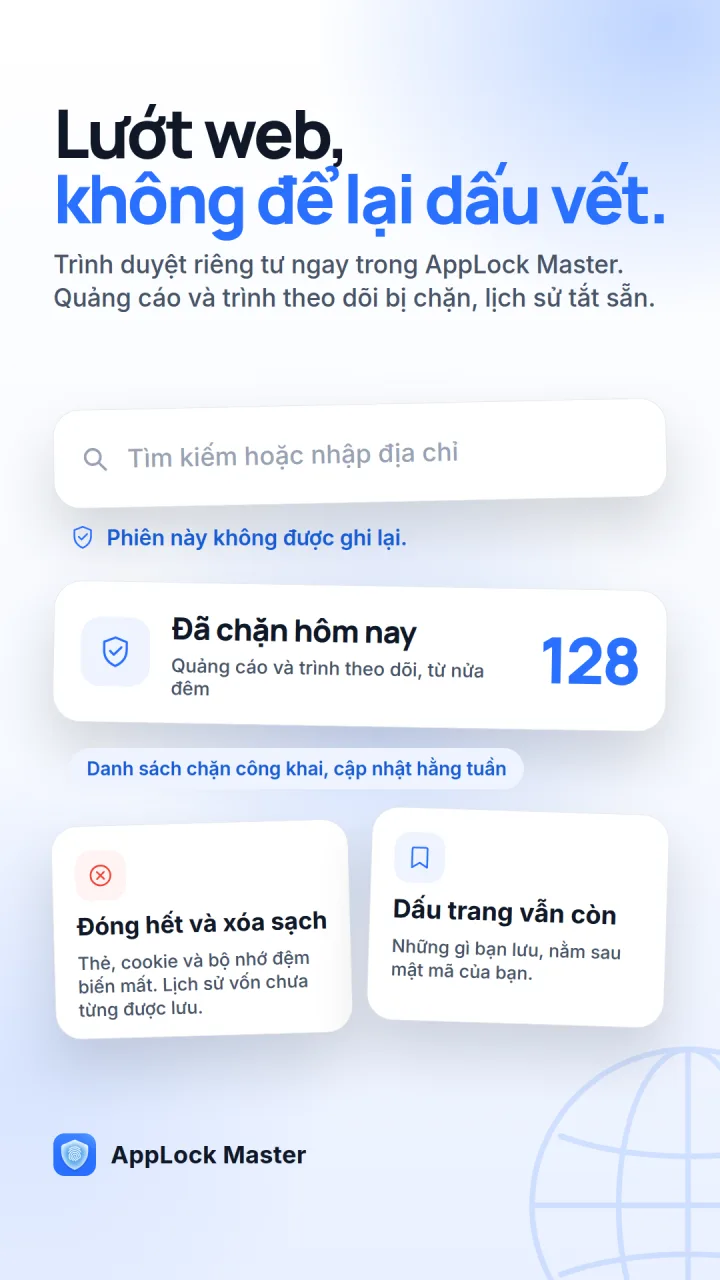 Trình duyệt riêng tư của AppLock Master, hiển thị 128 quảng cáo và trình theo dõi đã chặn hôm nay